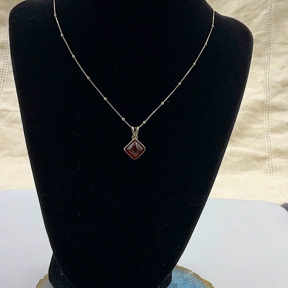 Vtg.18”Italian Sterling Silver Necklace W/Diamond Shaped Amber Gemstone Pendant - Picture 4 of 9